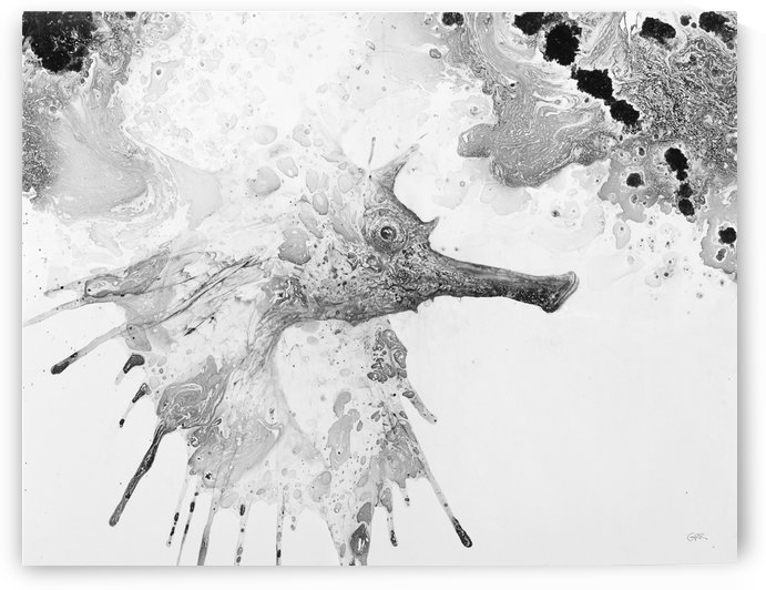 Illustration of fish with long nose surrounded by splashes and mottled abstract by PacificStock